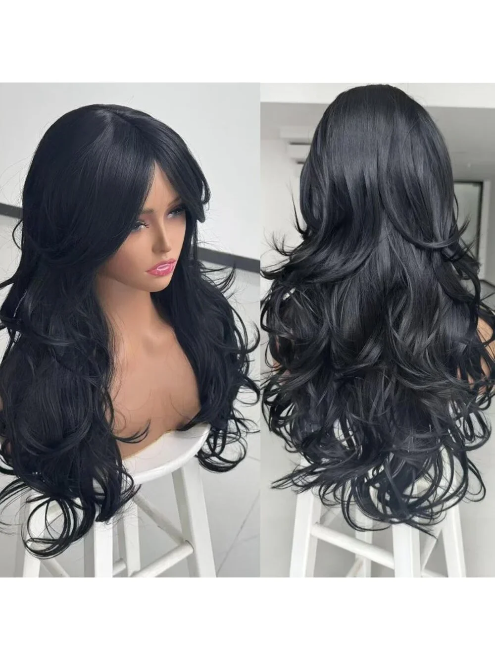 Women's Black Long Blonde Wavy Synthetic Platinum Layered Classic Wigs